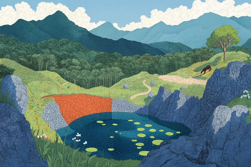 A serene landscape with rolling hills and a deep blue lake surrounded by blue-gray rocks. The lake has lily pads floating on its surface. A dirt path winds through the hills, leading towards a lone tree in the distance. The sky is a pale blue with fluffy white clouds. The scene evokes a sense of tranquility and peace.