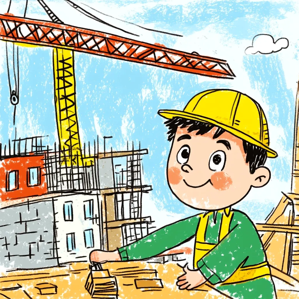 A smiling cartoon construction worker wearing a yellow hard hat and green shirt stands in front of a building under construction. There is a crane in the background. The image is drawn in a childlike style with crayon-like strokes. The worker appears happy and confident, suggesting a positive attitude toward his work.