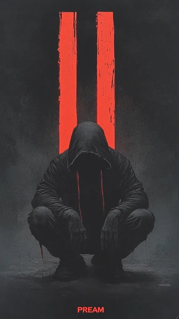 The image shows a hooded figure crouching in front of two tall, vertical red stripes. The figure is dressed in black from head to toe, and their face is obscured by the hood. The background is a dark grey, creating a stark contrast with the red stripes and the figure. The image has a mysterious and somewhat ominous feel. The word "PREAM" is written in red at the bottom of the image.