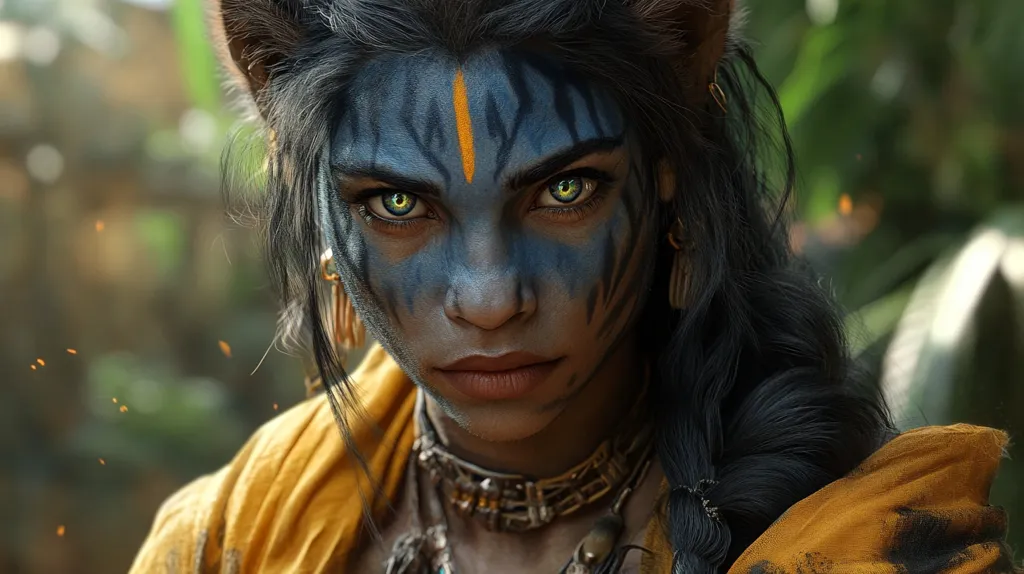 A woman with long black hair and cat-like ears stares intently at the viewer. She has blue and black face paint with a yellow line down her forehead. She wears a yellow robe and a variety of jewelry. Her eyes are bright green and her expression is intense. The background is blurry and consists of foliage.