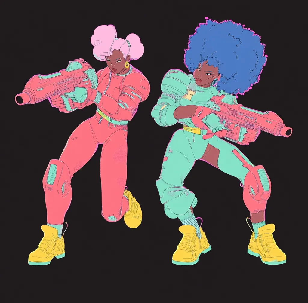 Two women, one with pink hair and the other with blue hair, are drawn in a colorful, vibrant style. They both have dark skin and are wearing futuristic, colorful armor and large, yellow boots. They hold futuristic rifles, pointing them forward. The image is set against a black background. The women have a fierce, confident expression.  The image is likely a depiction of female empowerment and strength.  It evokes a sense of adventure and action.