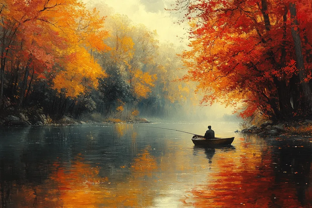 A solitary figure sits in a small wooden boat, fishing on a tranquil river. The water is calm and reflective, reflecting the vibrant hues of the autumn foliage lining the banks.  The colors of the trees range from fiery red to golden yellow, creating a picturesque and serene scene. The atmosphere is quiet and peaceful, suggesting a moment of solitude and tranquility.