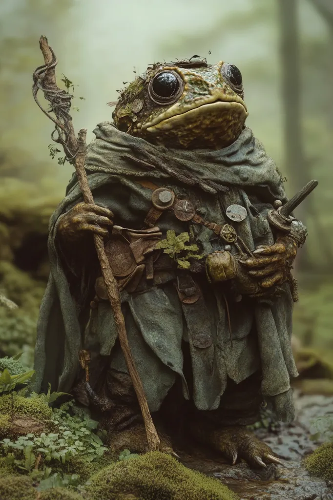 A large toad, wearing a tattered green cloak and carrying a gnarled staff, stands in a mossy forest. The toad's face is wrinkled and its eyes are large and wise. Its webbed feet are visible and its body is adorned with various trinkets and leather straps. The forest is overgrown and the air is thick with moisture. The scene evokes a sense of mystery and ancient magic.