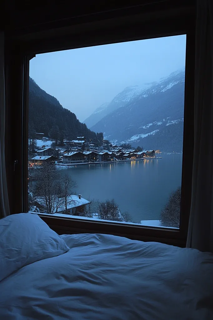 A large window looks out onto a snowy mountain landscape. The window frames a view of a lake, a village, and snow-capped mountains in the distance. The sky is a soft blue, and the water is calm and still. In the foreground, a white bedspread is partially visible, suggesting the room is a bedroom. The scene creates a sense of peace and tranquility.