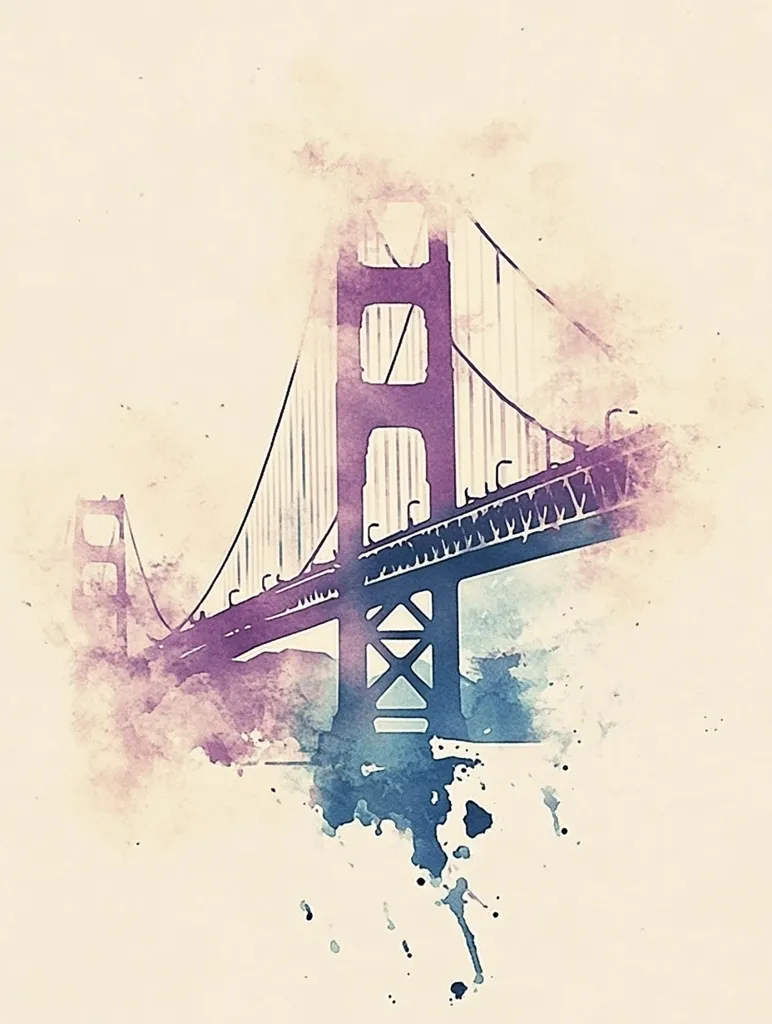 The image is a watercolor painting of the Golden Gate Bridge. The bridge is depicted in a dark silhouette with muted purple and blue hues. The background is a soft cream color with faded splashes of watercolor.  The painting has a soft and dreamlike quality.