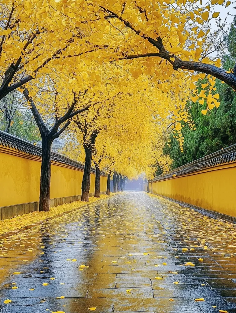 A narrow, wet path lined with yellow trees leads to a hazy distance. The path is paved with gray stones and covered in fallen leaves. Yellow walls rise on either side of the path, creating a sense of enclosure. The vibrant yellow of the leaves contrasts with the gray of the stones and the yellow of the walls, creating a beautiful and serene scene. The mist and rain create a soft, ethereal atmosphere.