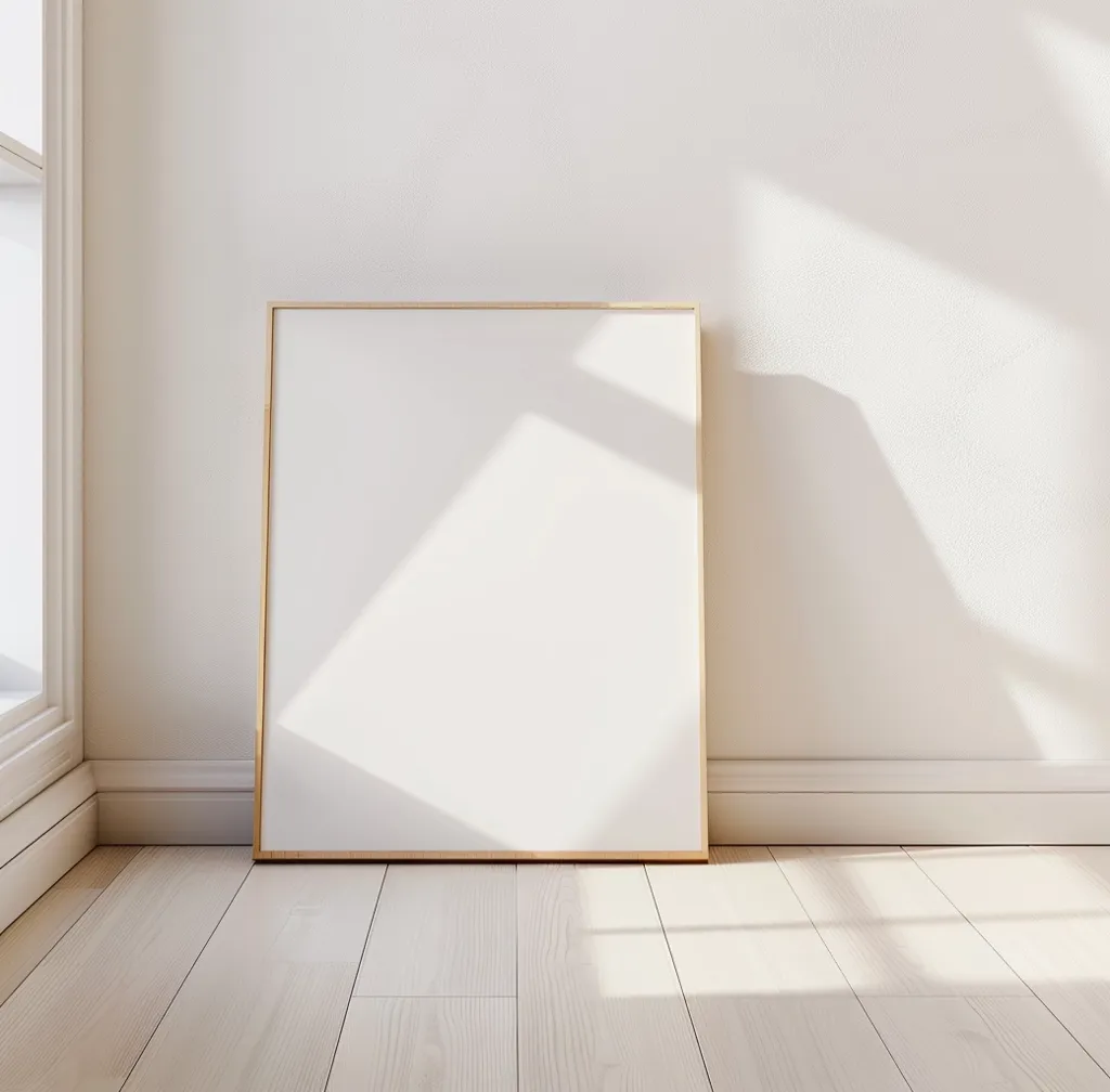 A large, blank canvas in a simple wooden frame sits on a light wood floor. Sunlight streams through a window to the left, casting a soft shadow on the wall and floor. The room is minimalist and clean, with white walls and a simple baseboard. The image is a blank canvas for creative inspiration.