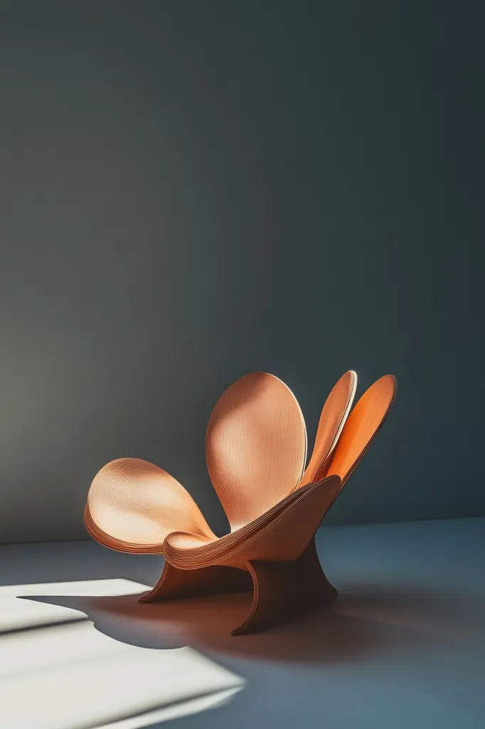 The image shows a modern wooden chair shaped like a flower with four petals. The chair is sitting on a light grey floor, with a beam of sunlight highlighting its warm, reddish-brown tone. The chair's design is simple and elegant, creating a visually appealing contrast with the minimalist background.