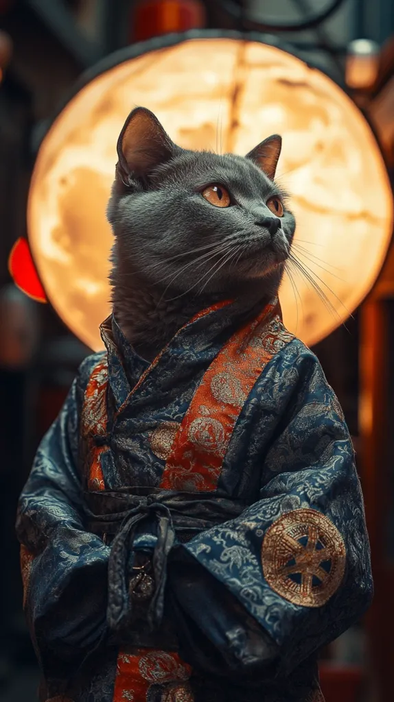 A gray cat with bright yellow eyes is dressed in a blue and gold brocade robe. The cat is looking to the right of the frame. Behind the cat is a large, round, glowing object with a warm, orange glow. The cat's fur is very soft and fluffy, and the robe is richly decorated with intricate patterns. The scene is lit by the glowing object, which casts a warm light on the cat and the robe.  The overall tone of the image is one of peace and tranquility.  The cat appears to be meditating or simply enjoying the warm light.
