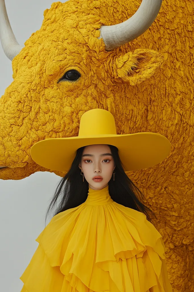 A woman with long black hair wears a large yellow hat and a ruffled yellow blouse. She looks directly at the camera with a neutral expression.  The background features a large, furry, yellow sculpture that appears to be a bull. The image is a study in yellow and texture, with a minimalist and striking aesthetic.