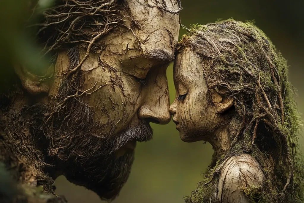 The image depicts a man and a young girl carved from wood, with vines and moss growing over them. They are touching foreheads, seemingly in a tender moment, as if sharing a secret or a deep connection. The image evokes a sense of nature's power,  resilience, and the passage of time. The artwork highlights the connection between humanity and nature, symbolizing a deep bond and the enduring presence of both.