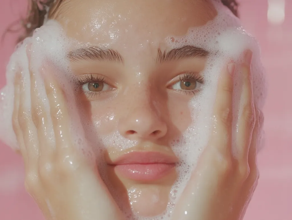 A young woman with a pink background is washing her face with soap and water. She is smiling and her eyes are closed. She is using her hands to lather the soap on her face, and the white foam is covering most of her skin. The image evokes feelings of cleanliness and relaxation.