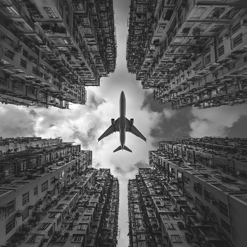A black and white image of a large airplane flying over a dense urban landscape. The airplane is in the center of the image, flying low over a narrow street lined with tall, densely packed buildings. The perspective of the image is from the street level, looking up at the airplane. The buildings are all the same height and are closely spaced together, creating a feeling of claustrophobia. The airplane is a symbol of freedom and escape, contrasting with the confined feeling of the urban landscape.