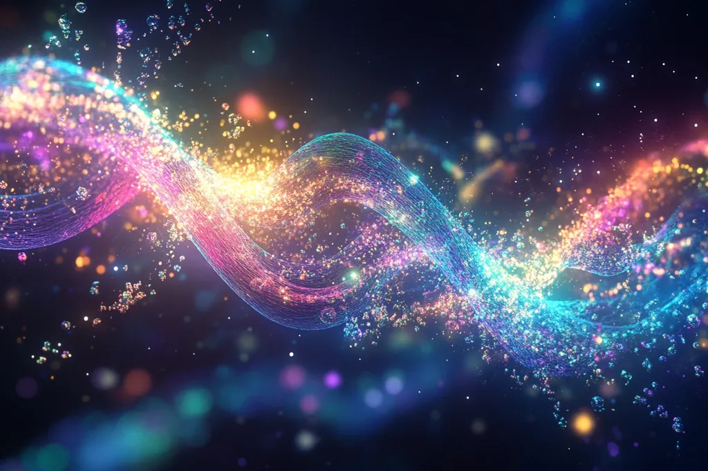 A vibrant, abstract image features a shimmering, iridescent wave of light against a dark background. The wave is composed of a delicate mesh of glowing particles, with colors ranging from soft pinks and yellows to deep blues and greens. The image is reminiscent of a cosmic phenomenon, with the wave appearing to be both fluid and ethereal. It evokes a sense of wonder and mystery, inviting the viewer to lose themselves in its mesmerizing beauty.