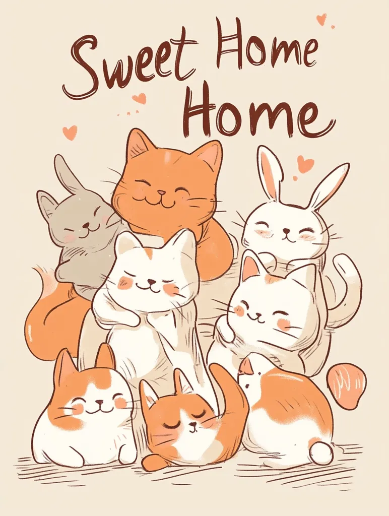 A group of seven adorable cats and bunnies are huddled together. They are all smiling and seem to be very happy. The background is a light tan color with the text "Sweet Home Home" written in cursive at the top. The image is simple and charming, perfect for a children's book or a greeting card.