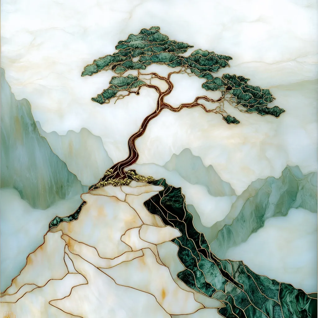 The image is a stained glass depiction of a lone pine tree standing on a rocky cliff, with mountains and clouds in the background. The tree has a gnarled trunk and branches, suggesting age and resilience. The scene is reminiscent of traditional East Asian art, with a focus on nature's beauty and serenity. The use of gold outlines adds a sense of elegance and craftsmanship to the piece.