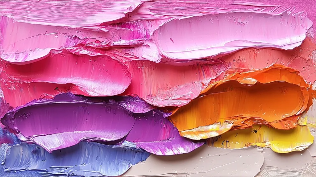 The image shows a close-up of an abstract painting with thick, impasto brushstrokes. The colors are vibrant and layered, transitioning from a soft pink at the top to a deep purple in the middle, with pops of orange and yellow. The texture of the paint is emphasized, creating a sense of depth and movement.