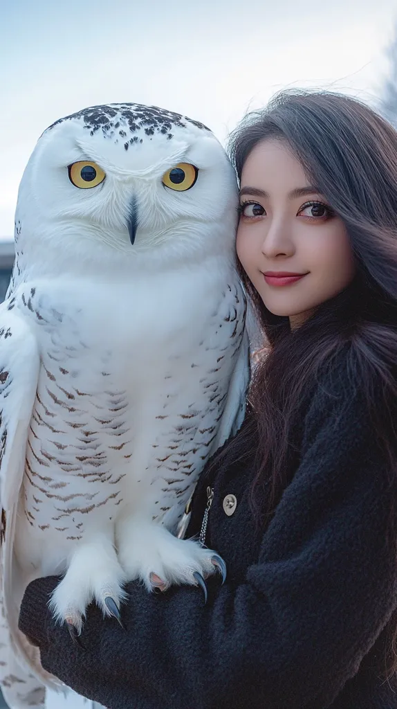 A young woman with long dark hair is holding a snowy owl. The owl is perched on her arm, its large yellow eyes looking directly at the camera. The woman is smiling softly, her face framed by the owl's white feathers. The image is a close-up, focusing on the owl and the woman's face. The background is a soft blur of white and blue, suggesting an outdoor setting.  The scene evokes a sense of quiet intimacy between the woman and the owl.