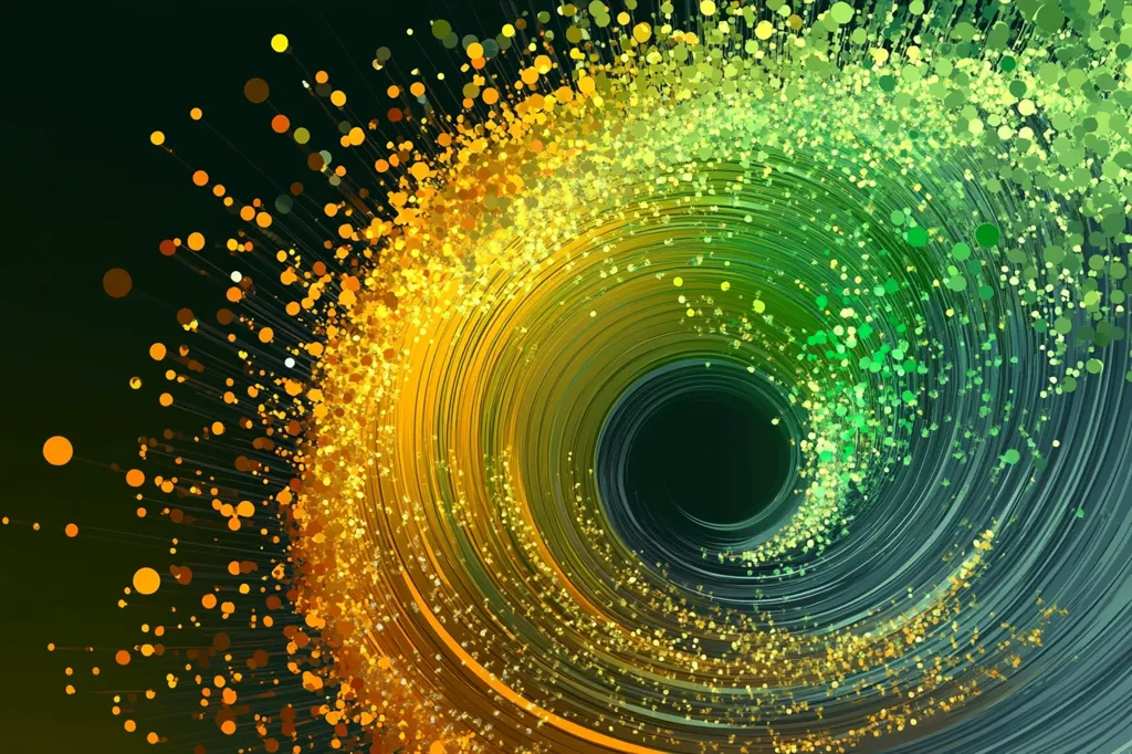 The image is a swirling abstract design. It features a black hole in the center surrounded by a series of concentric rings, with the outer rings being a vibrant yellow and the inner rings transitioning to a darker green.  The rings are composed of tiny, sparkling dots, and the design gives the impression of a vortex or a spiral galaxy. The overall effect is mesmerizing and dynamic.
