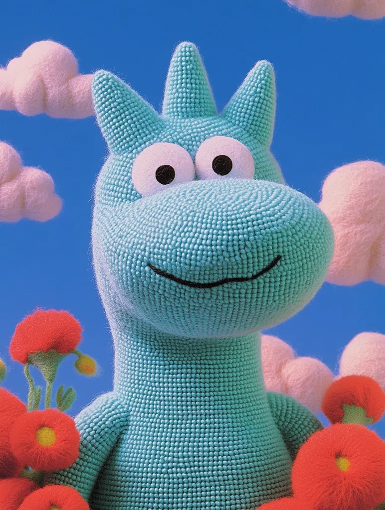 A blue, crocheted dinosaur toy with big eyes and a small smile stands against a bright blue sky. The toy is surrounded by pink clouds and red flowers. The toy is made from a soft, textured material and has a slightly fuzzy appearance. The image is simple and cheerful, with a playful and innocent vibe.  The use of bright colors and soft textures creates a warm and inviting atmosphere.