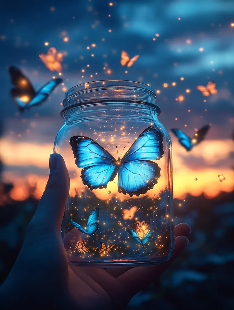 A hand holds a glass jar filled with sparkling lights and a large blue butterfly. The butterfly is in focus, while other smaller butterflies and lights appear in the background. The sky is a vibrant blue, filled with shimmering stars, creating a magical and enchanting atmosphere. The scene suggests a capture of wonder and the beauty of nature.
