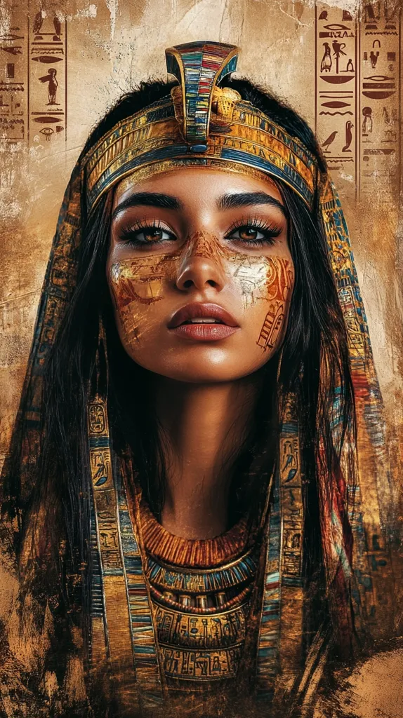 The image is a portrait of a woman dressed in elaborate Egyptian attire. She wears a golden headdress with intricate details, a heavy necklace with layered chains, and a flowing robe adorned with hieroglyphics. Her makeup is striking with heavy eyeliner and gold accents, while her expression is intense and focused. The background features a faded wall with hieroglyphics, enhancing the ancient Egyptian theme. The overall impression is one of power, mystery, and ancient grandeur.