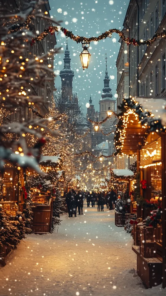 A snowy street lined with Christmas market stalls and twinkling lights. Tall buildings with ornate architecture stand in the background. The festive atmosphere is enhanced by the falling snow and the warm glow of the lights. The street is bustling with people enjoying the Christmas season.
