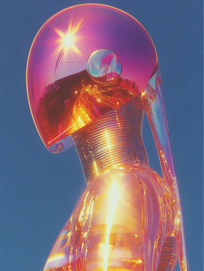 A translucent, golden figure stands against a blue sky, its head encased in a large, pink, reflective helmet. The helmet reflects a bright light source, creating a starburst effect. The figure's body is made of a material that seems to shimmer and glow, giving it an ethereal appearance. The overall image has a futuristic and otherworldly feel.