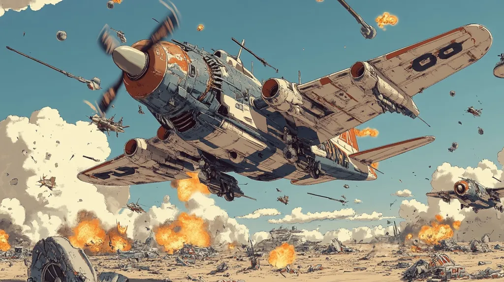 A large, heavily armed airplane flies over a desert landscape with a trail of debris and explosions in its wake. Smaller aircraft fly in formation nearby, also leaving a trail of destruction. The scene is chaotic and violent, depicting a fierce aerial battle. The image is rendered in a cartoonish style, with bright colors and exaggerated details.
