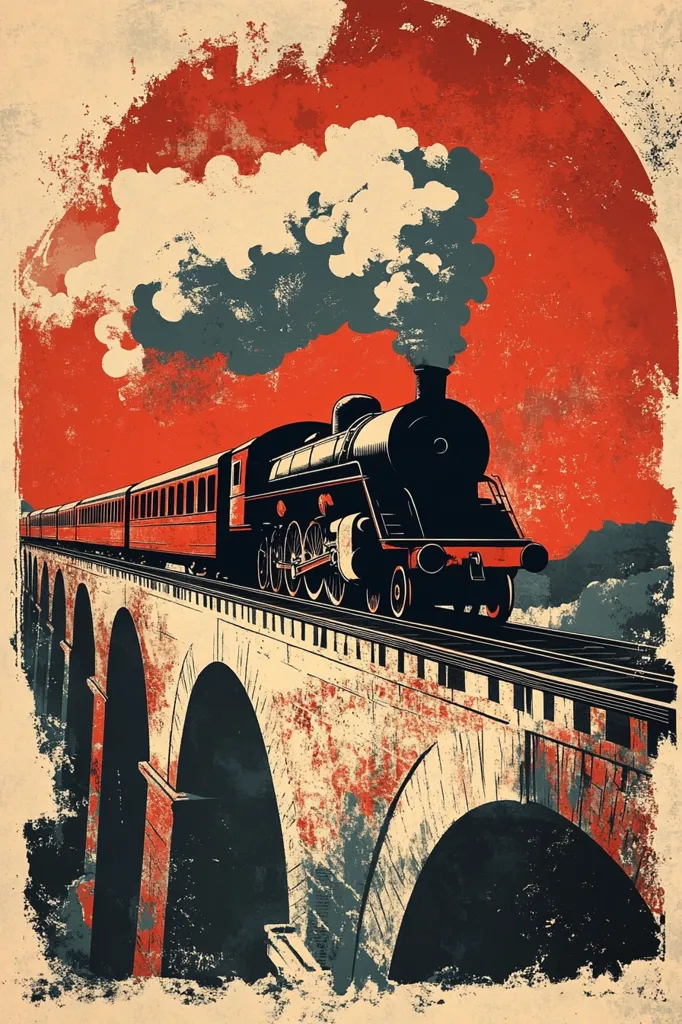 A vintage-style illustration depicting a steam train chugging across a stone bridge. The train is dark with red passenger cars. The train is billowing smoke against a bright red and orange sunset, accented by a faded, yellowed background. The image has a rustic, aged look with visible texture.  The composition focuses on the train and its dramatic movement over the bridge.