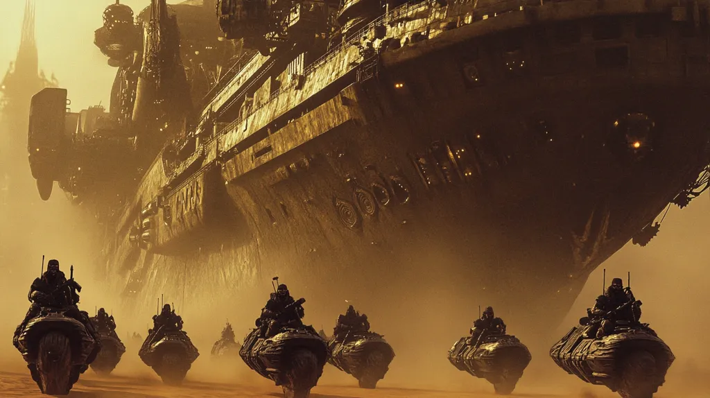 A group of futuristic, armored vehicles drive across a desert landscape. They are dwarfed by a massive, rusted spacecraft looming above. The vehicles are manned by figures wearing helmets and wielding weapons. The scene has a post-apocalyptic feel, suggesting a conflict or an impending one. The desert is obscured by dust and the air has a hazy yellow hue.  The image evokes a sense of mystery and danger, leaving the viewer to wonder about the past and the future of this world.