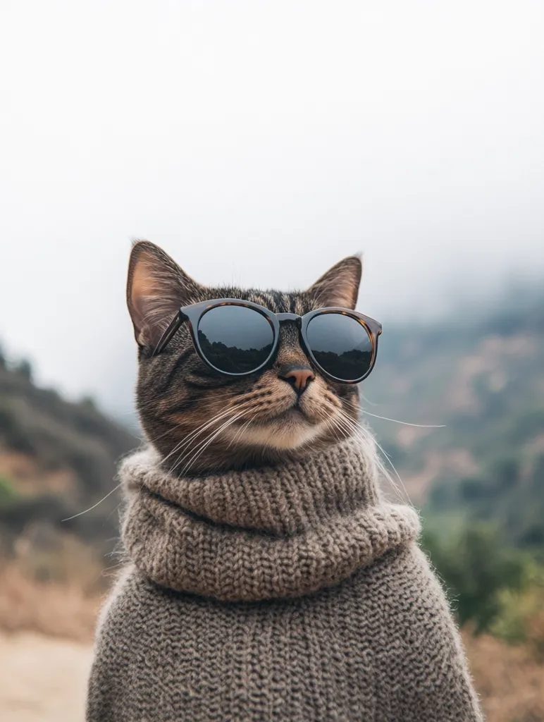A tabby cat wearing a brown turtleneck sweater and black sunglasses stares directly at the camera with a serious expression. The cat is standing against a blurry background of a grassy hillside. The cat's cool demeanor and stylish outfit create a comical and humorous image.