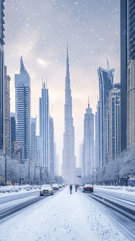A snowy scene in Dubai, featuring the iconic Burj Khalifa towering over the city. The snow falls softly as cars drive down a wide street lined with tall skyscrapers. The scene is surreal, as Dubai is known for its warm climate.  The snow-covered streets and buildings create a stark contrast with the usual desert landscape.