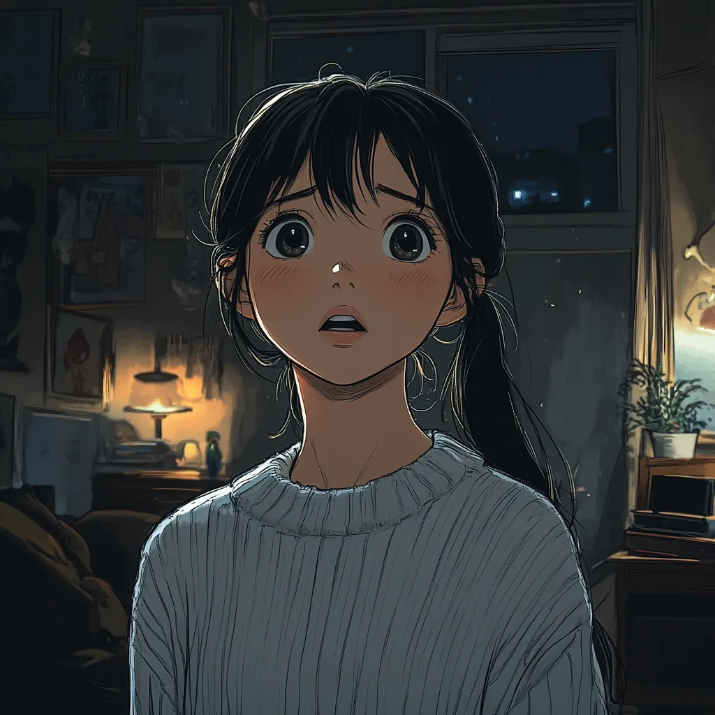 A young woman with long black hair tied back in a ponytail stares up in shock, her mouth open in surprise. She wears a light blue sweater and stands in a dimly lit room, with the warm light of a table lamp illuminating the scene. The background is blurred, showing a window with city lights and framed pictures on the wall. The image captures a moment of surprise and wonder.