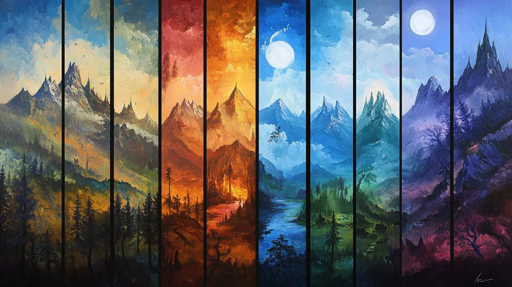 The painting depicts a mountain range in different seasons, with the sky, mountains, and trees changing colors to show the progression from early morning to nighttime. The artist uses bold strokes and vibrant colors to create a sense of depth and movement. The mountain range remains the same, emphasizing the passage of time.