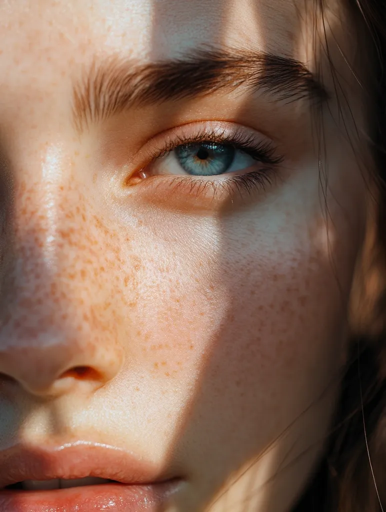 A close-up shot of a woman's face, capturing her blue eye, freckled skin, and soft lips. Sunlight casts delicate shadows across her face, highlighting the natural beauty of her features.  The image evokes a sense of innocence and natural beauty.