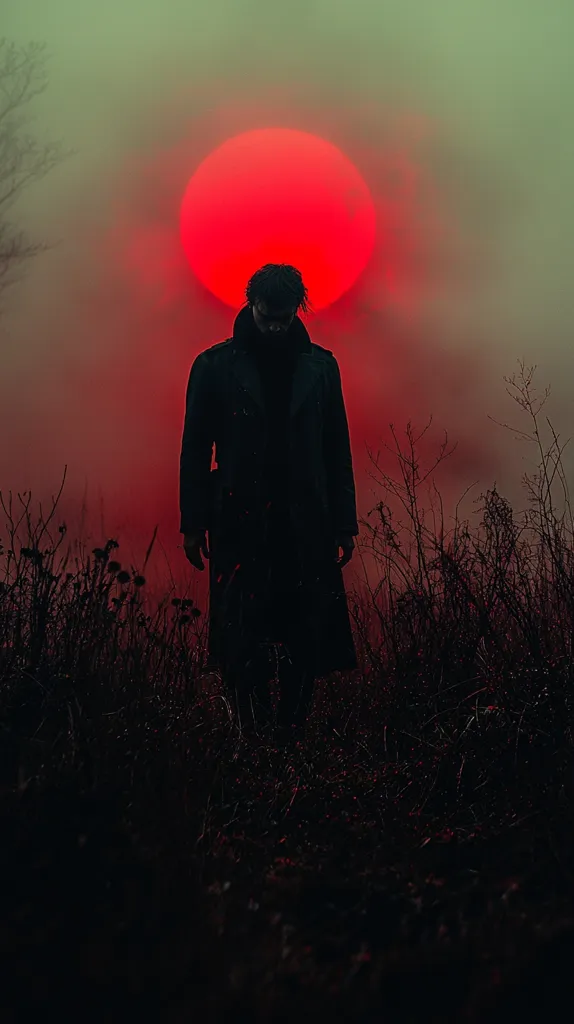 A lone figure stands in the foreground, silhouetted against a large, red orb in the sky. The figure is wearing a long coat, and their head is down. The scene is shrouded in fog and mist, creating a sense of mystery and unease. The red orb in the sky, possibly a sun or moon, casts an eerie glow on the scene. The overall feeling is one of isolation and despair.