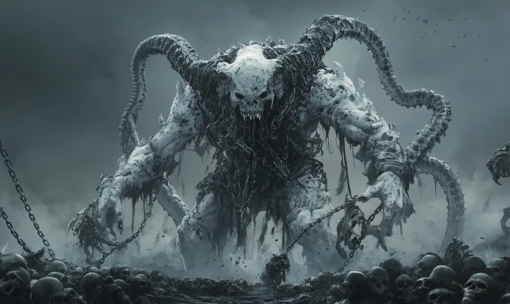 A monstrous, skeletal creature with multiple arms and horns stands amidst a field of skulls. It is chained and bound, its decaying form covered in a thick layer of frost. Its eyes glow with an ominous light, and its gaping maw reveals rows of sharp teeth. Birds circle overhead, adding to the dark and foreboding atmosphere.  The image evokes a sense of ancient evil and the power of nature to both create and destroy.