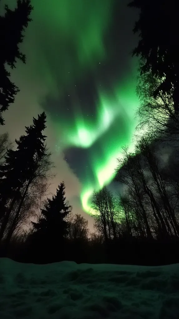 The image depicts a vibrant green aurora borealis, its luminous tendrils dancing across the night sky. The aurora's ethereal glow illuminates a snowy landscape, casting long shadows from a line of silhouetted trees. A few scattered stars twinkle in the distance, adding to the magic of the celestial display.
