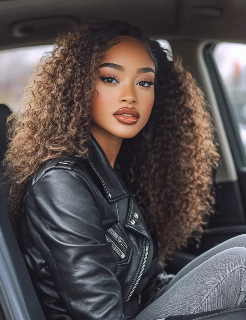 A young woman with long, curly brown hair sits in the passenger seat of a car. She wears a black leather jacket and gray jeans. Her face is turned towards the camera, her gaze intense, and her lips are painted a nude shade. Her makeup is subtle yet defined, enhancing her natural beauty. The image captures a sense of confidence and allure.