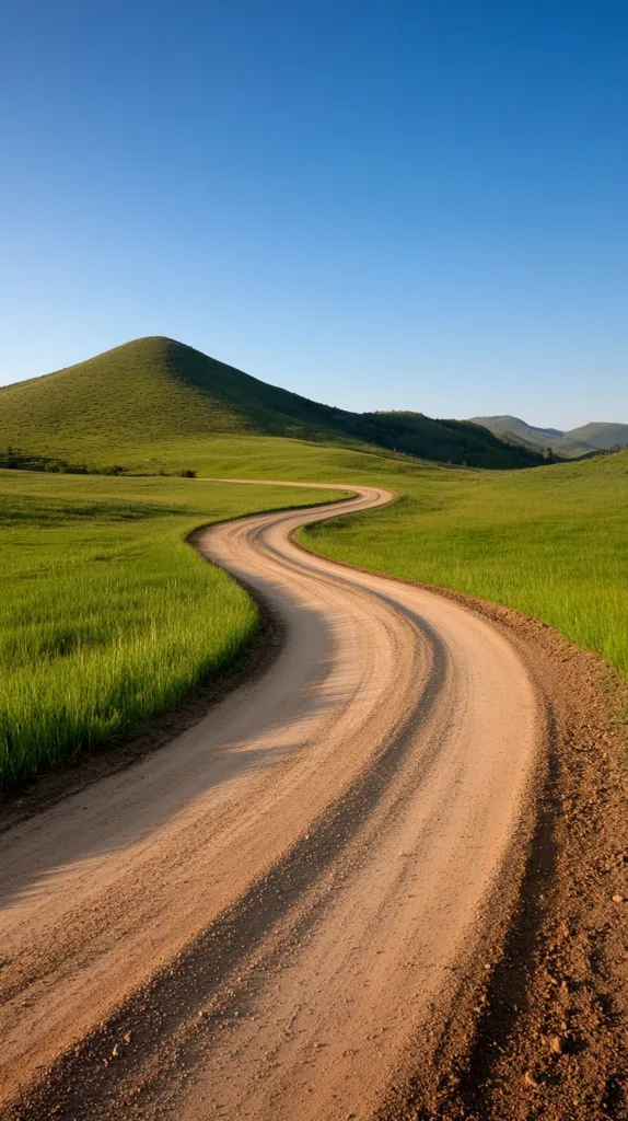 A winding dirt road snakes through a grassy valley, disappearing into the distance. The road is framed by rolling green hills and a clear blue sky. The scene is bathed in soft, natural light, creating a sense of peace and tranquility.