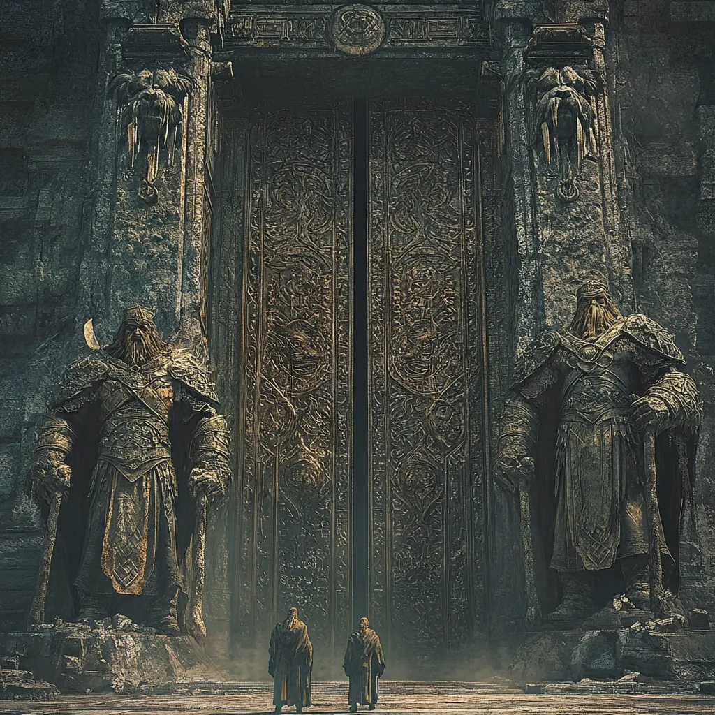 Two imposing statues of armored warriors stand guard on either side of a grand, intricately carved stone doorway. The doors are closed, leading to an unknown destination. Two figures in dark robes stand before the entrance, their small forms dwarfed by the immense scale of the structure. The scene is filled with an air of mystery and power.