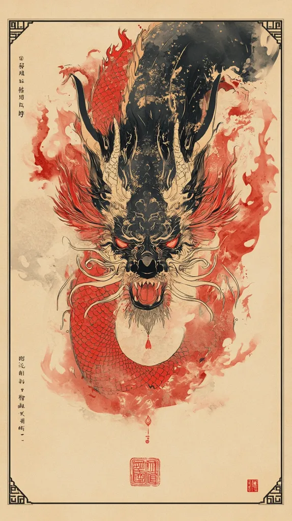 The image is a traditional Japanese artwork depicting a ferocious red dragon. The dragon's face is prominent, with sharp teeth and fierce eyes. Its scales are detailed, and its body is engulfed in swirling red flames. The background is a light beige color with black Chinese characters. The overall style is reminiscent of an ancient scroll painting.
