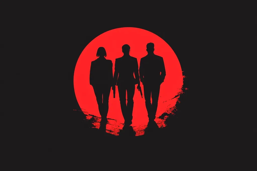 Three silhouettes of people in suits stand in front of a large red circle. The people are walking forward and the man in the middle is holding a gun. The background is black. The image evokes a sense of mystery and danger.