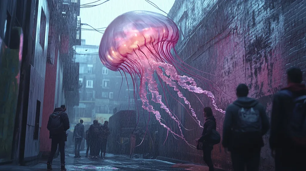 A giant, bioluminescent jellyfish hovers in the middle of a dark alleyway, casting a strange, otherworldly glow on the people walking below. Rain falls heavily, creating a sense of mystery and unease. The jellyfish's tentacles extend down the alley, almost touching the heads of the pedestrians. The scene is surreal and unsettling, as if the natural and the urban have collided.