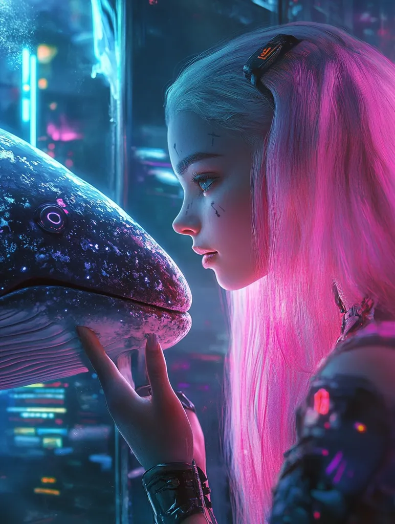 A young woman with long pink hair touches the head of a large blue whale. The whale has a circular light on its side. The woman is in a futuristic setting, with glowing lights and a blurry background. The woman has a serious expression on her face, and the whale seems to be looking at her. The scene is evocative of a connection between humans and nature, even in a technologically advanced future.