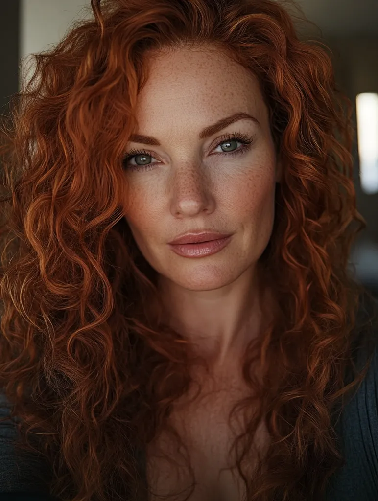 A woman with long, flowing, curly red hair looks directly at the camera. She has light skin with freckles, and her eyes are a striking green. Her hair is styled in a casual, effortless manner, falling in soft waves around her face. She is wearing a dark grey top. The lighting is soft, highlighting her features in a flattering way. Her expression is confident and approachable.