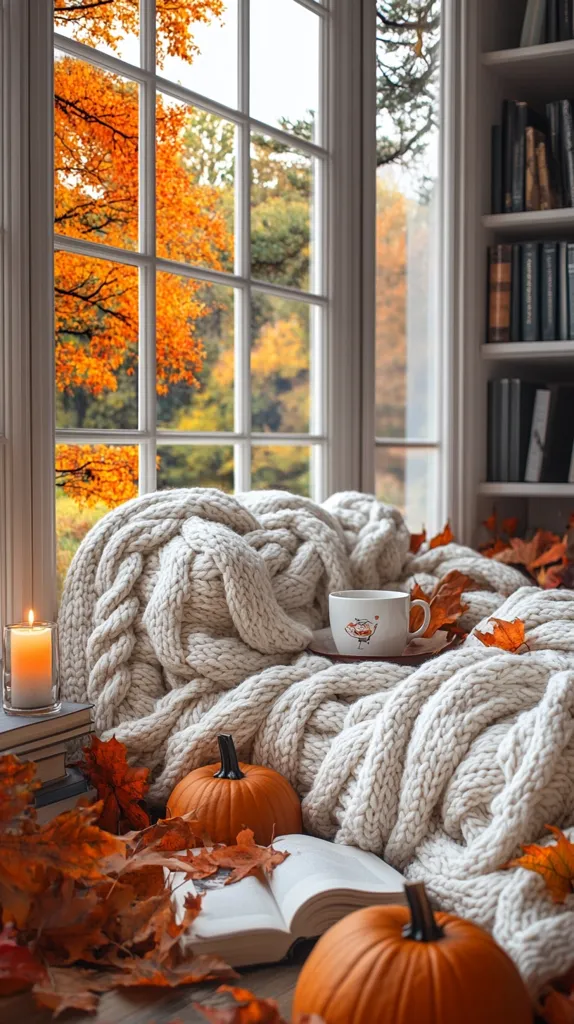 A cozy window seat with a chunky knit blanket, a cup of tea, and a book. The window looks out onto a vibrant fall landscape, with a bookshelf and pumpkins adding to the autumnal ambiance. Sunlight streams through the window, casting a warm glow over the scene. The image evokes a sense of peace and relaxation.