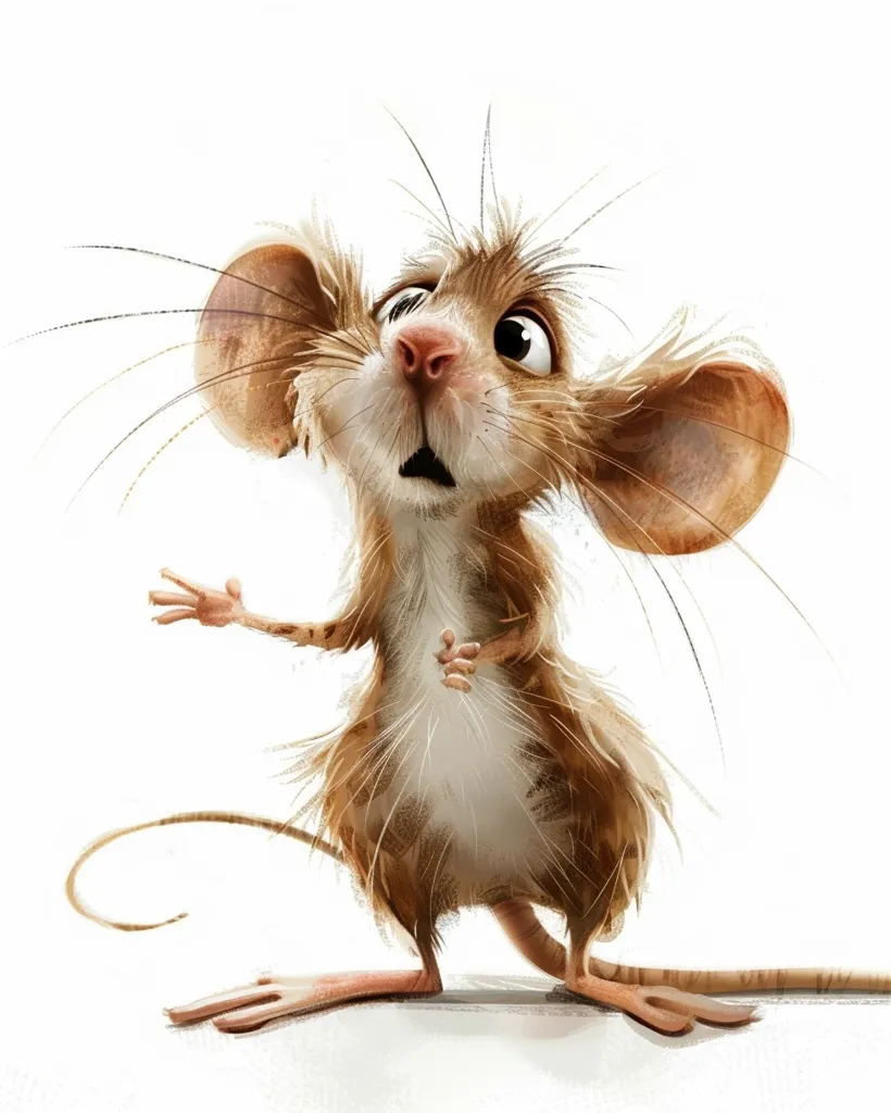 A cartoon mouse with large ears and wide eyes is looking upwards. It has a brown, furry body with a white patch on its chest. The mouse is standing on its hind legs, with its tail curled up behind it. It has a surprised expression on its face, as if it has just heard something interesting. The background is a plain white.