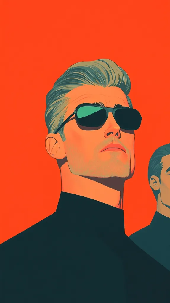 A close-up portrait of a man with slicked-back, dark hair, wearing dark sunglasses. He is looking forward with a stoic expression, and has a dark shirt on against a bright orange background. Part of another man's profile, wearing a similar shirt, is visible to the right of the frame. The illustration has a minimalist aesthetic with bold lines and flat colors.